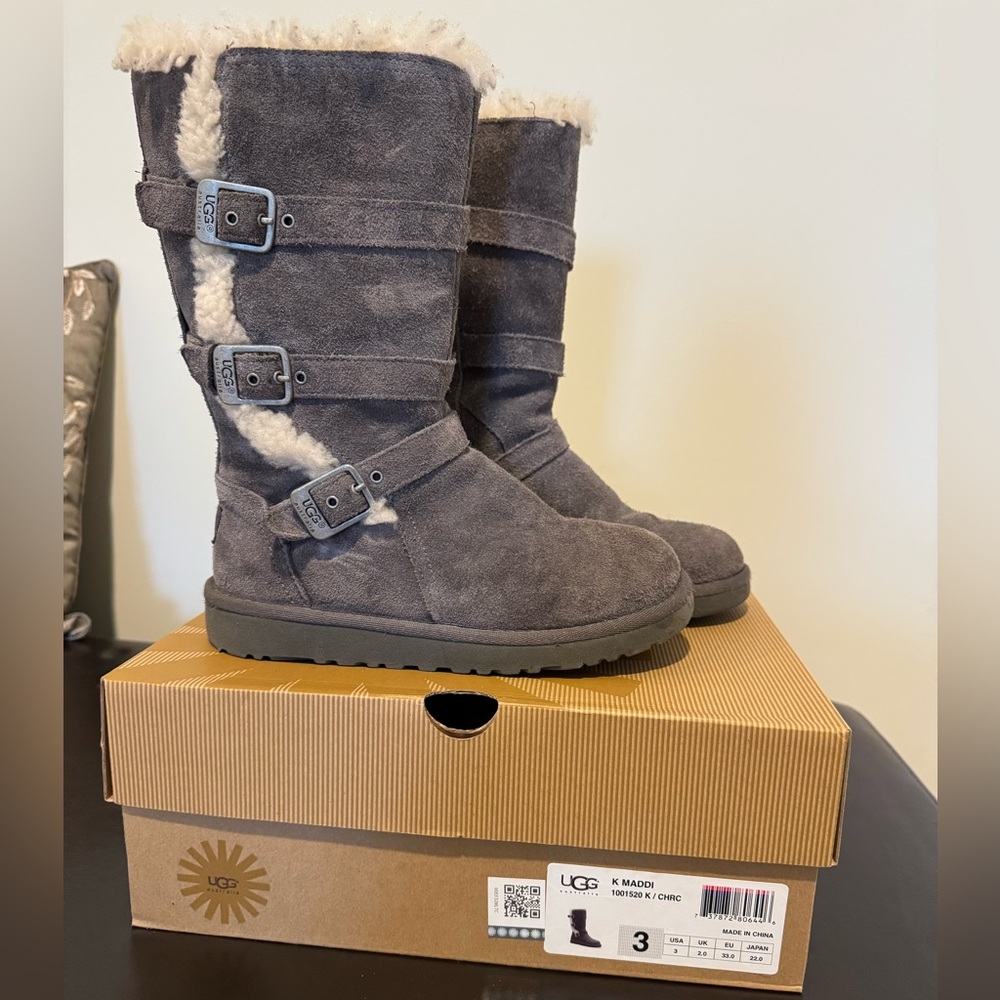 UGG Charcoal Suede K Maddi Boots with Buckle Accents